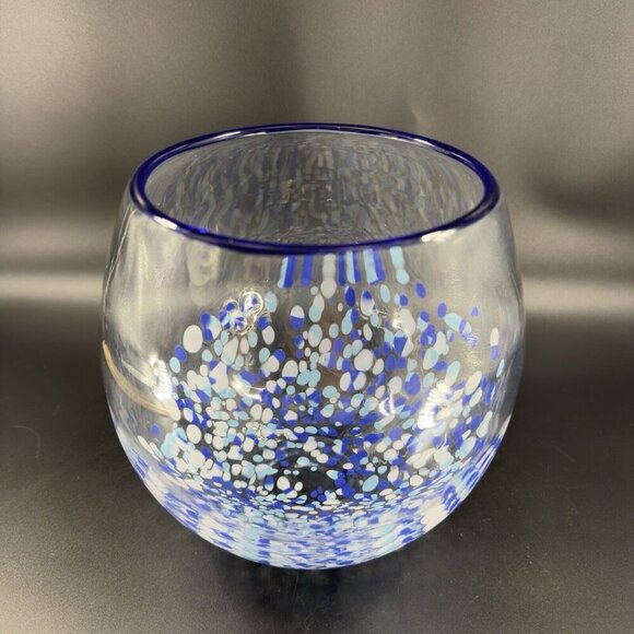 Hand Blown Large Glass Bowl Dish Round Clear Edges With White Blue Dots All Over - Picture 10 of 10